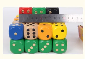Colorful wooden dice solid wood game dice with dot design and size ruler demonstration view