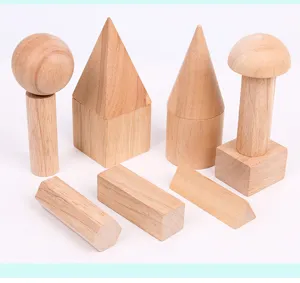 Wooden 3D geometric shapes models educational toy for kids math learning detail view.