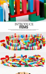 Wooden domino blocks detail shot showing colorful pieces and setup tracks for kids toys.