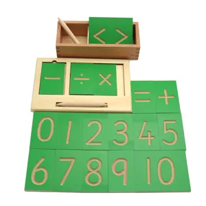 Montessori wooden math numbers and symbols tracing board toy set with storage box.