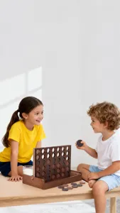 Detailed view of the wooden four-in-a-row board game being played by two children indoors.