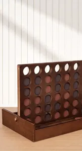 Wooden four in a row board game detail view, solid wood strategy puzzle toy for kids.