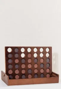 Wooden connect four board game detail view, sliding cover design and smooth wooden slots.