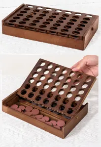 Wooden 4-in-a-row board game detail view, highlighting carbonized wood texture and storage box.