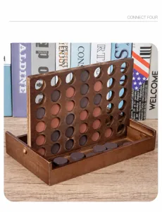 Wooden four-in-a-row board game, classic strategy desktop toy with wooden box and pieces.