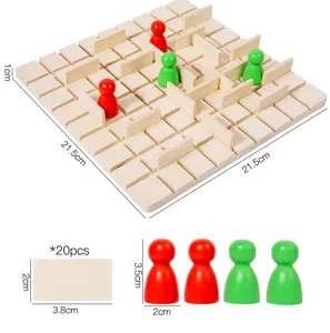 Wooden board game dimension details showing maze board, wooden partitions and colorful pawns.