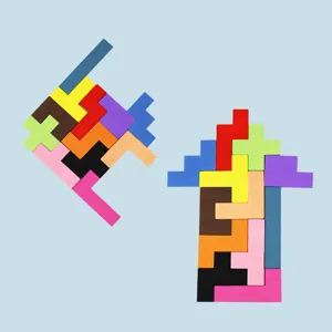 Wooden Tetris puzzle blocks, educational geometric brain teaser toy for kids building shapes.