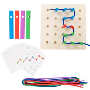 Montessori wooden lacing toy set with pegboard, colorful pegs, laces and pattern cards for kids.