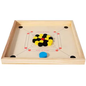 Wooden carrom board game set with colorful wooden pieces for family and kids table entertainment.