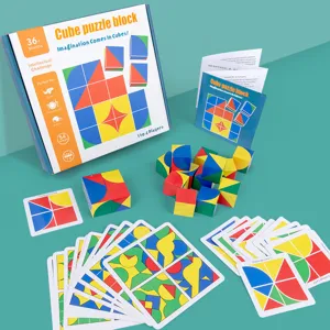 Kids spatial reasoning cube puzzle block toy with colorful geometric wooden blocks and challenge cards.