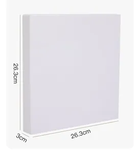 Vista dettagliata delle dimensioni che mostra la taglia 26.3x26.3x3cm della scatola bianca.