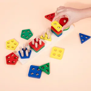Wooden shape sorting toy geometric matching blocks for kids early education Montessori learning.