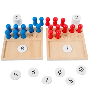 Montessori wooden ten frame math board early educational toy with number tokens and pegs.