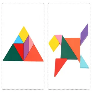 Dettaglio puzzle tangram in legno con forme geometriche colorate per bambini e studio.