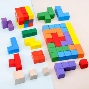 Wooden cube building blocks Montessori math educational toys for kids colorful geometric shapes