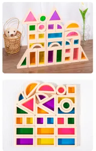Transparent acrylic Montessori sensory rainbow wooden blocks detailed display, safe toys.