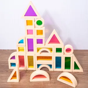 Wooden translucent building blocks, rainbow acrylic sensory Montessori educational toy for kids.