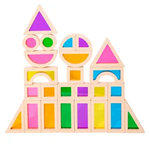 Translucent wooden building blocks rainbow sensory Montessori toys for kids toddlers main view