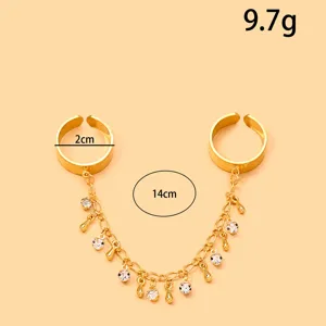 Goldener doppelter Fingerring mit Ketten und Strass schickem Schmuck Detail 14cm Laenge