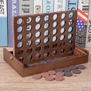 Carbonized Wood Four In A Row Board Game Retro Desktop Educational Puzzle Toy For Kids And Family Strategy Play