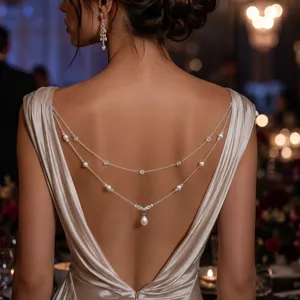 Elegantes Kristall Perlen Rückenkettendetail für elegante rückenfreie Hochzeitskleider.