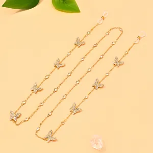 Goldene Strass Schmetterling BrillenKette Detail, stilvolle Maskenband Brillenband.