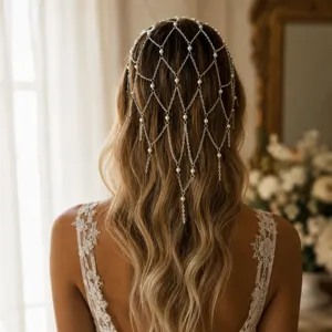 Bijou de tête chaîne de cheveux perle mariée, serre-tête argenté élégant pour mariage.