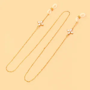 Goldene Brillenkette mit Kristallblumen, minimalistisches Brillenband gegen Verlust im Alltag.