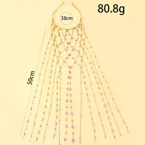Goldfarbene mehrschichtige Quasten-Haarreife mit bunten Perlen, elegantes Braut-Kopfschmuck-Detail