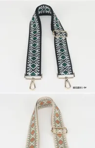 Adjustable wide woven bag strap replacement with colorful diamond pattern and metal hooks.