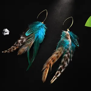Close-up detail of bohemian feather earrings with vibrant teal and brown feathers.