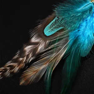 Feather earring detail shot boho style vibrant turquoise brown plumage close-up jewelry showcase.
