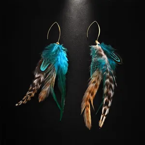 Bohemian ethnic feather earrings vintage colorblock long dangle drop earrings for party