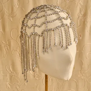 Exquise chaîne de tête en strass multicouche gland luxe cristal accessoire cheveux fête.