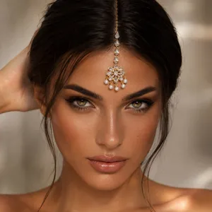 Ethnic Alloy Rhinestone Hair Chain With Artificial Pearl Pendant Exotic Indian Bridal Forehead Chain Water Drop Hair Jewelry For Women