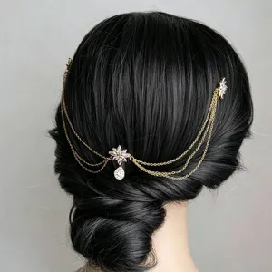 Gold hair chain detail, rhinestone flower crystal updo accessory for evening bridal hair