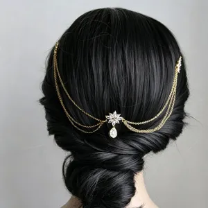 Multi-Layer Rhinestone Water Drop Hair Chain Elegant Bridal Tassel Flower Headpiece Copper Alloy Jewelry For Women Wedding Banquet Accessory