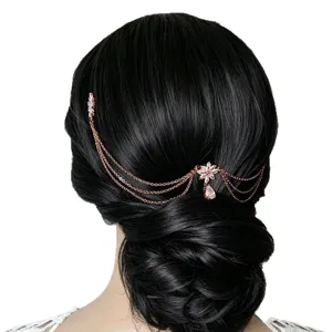 Elegant multi-layer rhinestone hair chain, rose gold bridal updo headpiece for evening party.