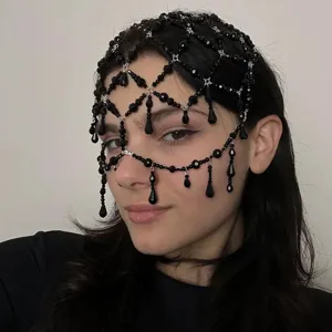 Chaîne de tête perles noires gothique voile de visage vintage accessoire cheveux pour femme