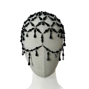 Coiffe de chaine de tete en maille de perles noires gothique style vintage pour soiree