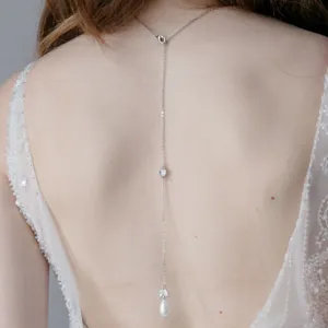 Back chain necklace delicate crystal pearl drop bridal backless dress accessory detail