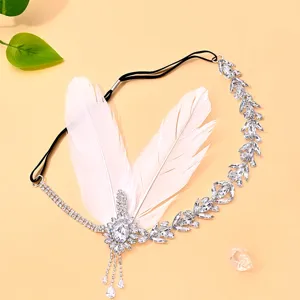 Vintage Gatsby feather rhinestone headband flapper tassel forehead chain for party prom accessories
