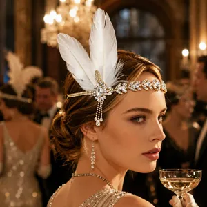Vintage Great Gatsby Feather Headpiece Luxurious Rhinestone Tassel Forehead Chain Party Prom Flapper Hair Accessories For Women