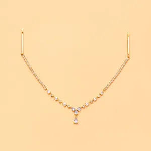Gold bridal hair chain detail, sparkling rhinestones and drop crystal charm for half-up hairstyles.