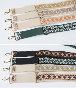 Colorful geometric woven bag straps with adjustable length and durable gold metal hardware hooks.