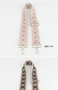 Adjustable wide replacement bag strap with colorful diamond pattern and metal hardware hooks.