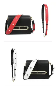 Black leather shoulder crossbody bag with pearl studded red white adjustable wide straps