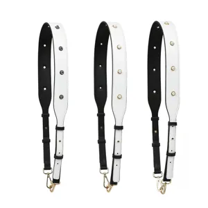 Black and white leather replacement bag strap with pearls and studs, adjustable crossbody length.