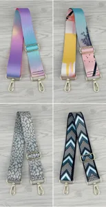 Detail shot of colorful adjustable bag replacement straps with gold metal hardware and secure clasps.