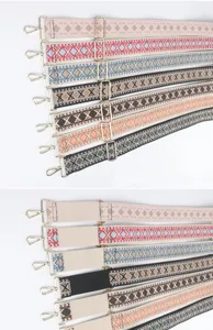 Adjustable colorful geometric patterned wide bag strap detail, perfect replacement strap.